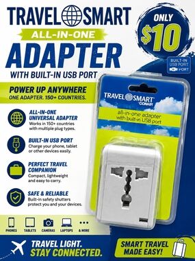 All-In-One Universal Travel Adapter with Built-In USB Port - White
